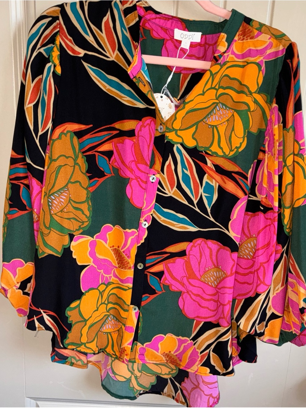 ODDY Floral Button-Front Blouse in Pink, Green & Gold